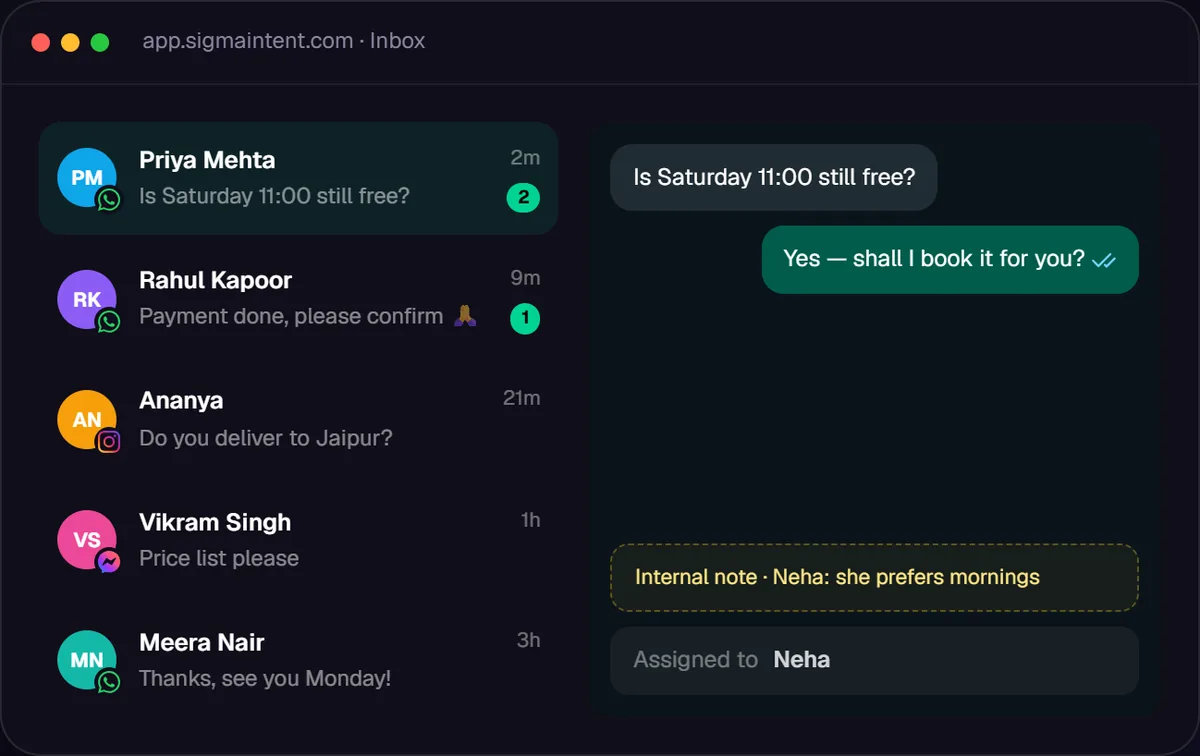Growth OS inbox with WhatsApp, Instagram and Messenger conversations